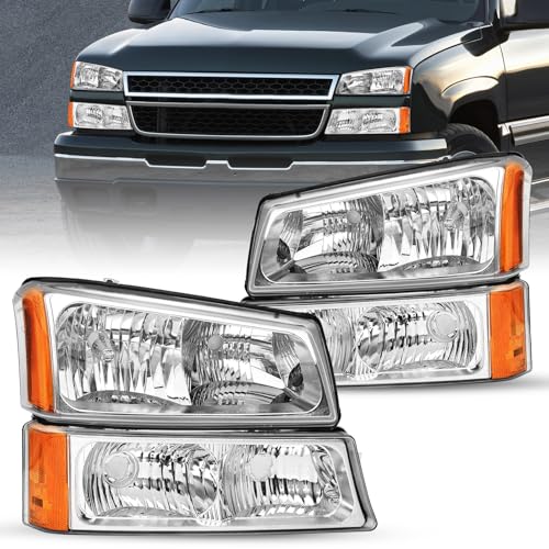 JSBOYAT 4pcs Headlight Assembly Compatible with 2003-2006 Chevy Silverado / 03-06 Avalanche with Bumper Lights Pair Set OE Style Replacement Chrome Housing with Amber Reflector