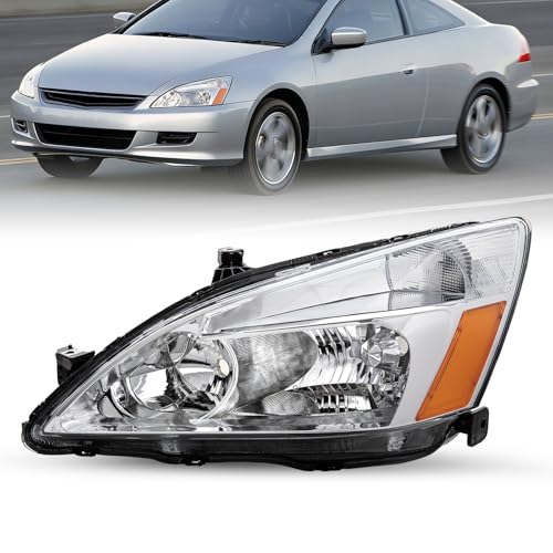 JSBOYAT Driver Left Side Headlight Assembly Replacement for 2003-2007 Honda Accord Halogen Headlamp Chrome Housing with Amber Reflector LH