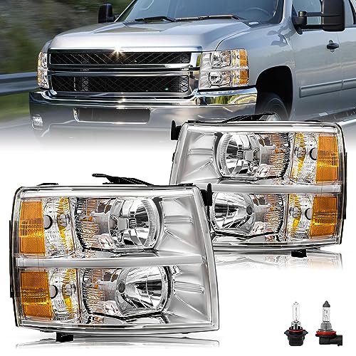 JSBOYAT Headlight Assembly Fits for 2007-2013 Chevy Silverado 1500/07-14 Silverado 2500 3500 HD with Bulbs Halogen OE Style Factory Headlamp Replacement Pair Set Chrome Housing Amber Reflector