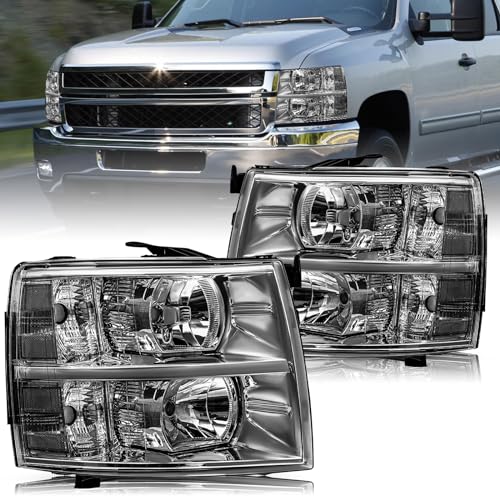JSBOYAT Headlight Assembly Fits for 2007-2013 Chevy Silverado 1500/07-14 Silverado 2500 3500 HD Halogen OE Style Factory Headlamp Replacement Pair Set Smoked Lens Clear Reflector