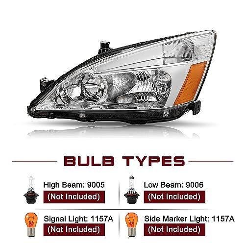 JSBOYAT Headlight Assembly Replacement for 2003-2007 Honda Accord Halogen Headlamp Chrome Housing with Amber Reflector (Drive