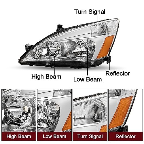 JSBOYAT Headlight Assembly Replacement for 2003-2007 Honda Accord Halogen Headlamp Chrome Housing with Amber Reflector (Drive