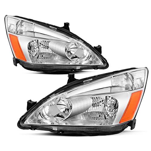 JSBOYAT Headlight Assembly Replacement for 2003-2007 Honda Accord Halogen Headlamp Chrome Housing with Amber Reflector (Driver & Passenger Side)