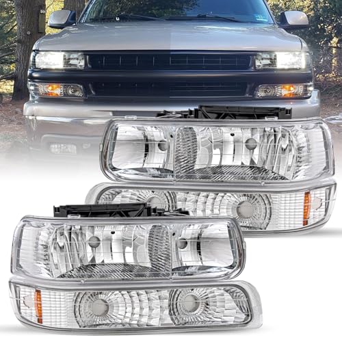 JSBOYAT Headlight Assembly with Bumper Lights 4pcs Fit for 1999-2002 Chevy Silverado 1500 2500/2000-2006 Chevy Tahoe Suburban