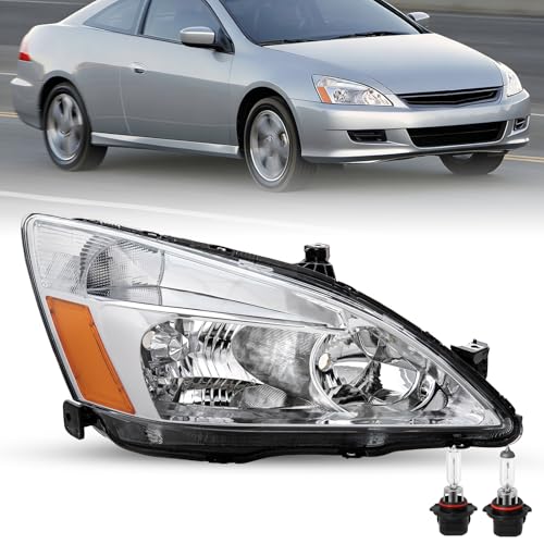 JSBOYAT Passenger Right Side Headlight Assembly Replacement [Bulbs Included] for 2003-2007 Honda Accord Halogen Headlamp Chrome Housing with Amber Reflector RH